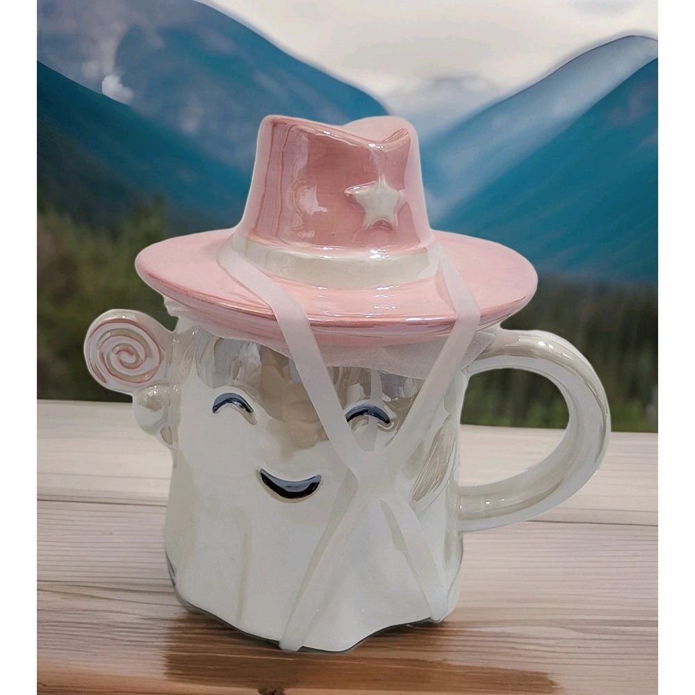 NEW Summerween Halloween Happy Ghost with Pink Cowgirl Hat & Lollipop High Gloss